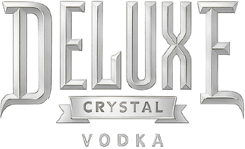 Silver metallic text logo reading 'DELUXE CRYSTAL VODKA' with decorative shadows.