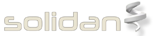 Solidan logo with stylized text and a 3D spiral ribbon design on the right.